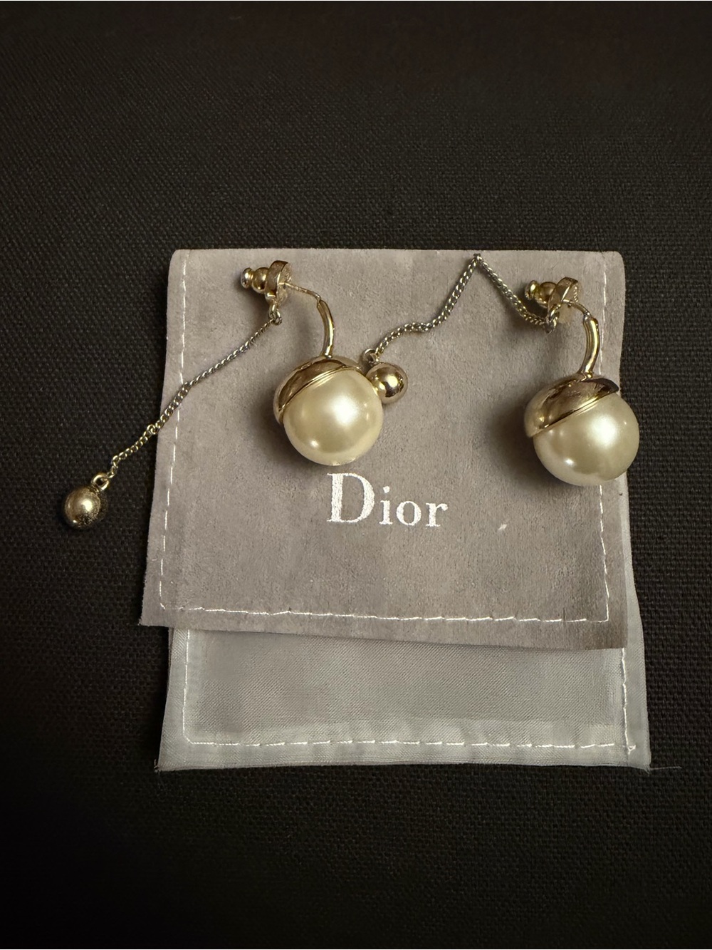 Dior Gold Tone Pearl and Chain Earrings